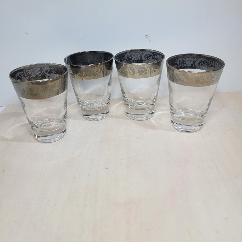 Set of 4 Clear‎ Glass Tumblers with Silver Floral Overlay Rim